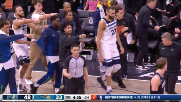 Minnesota Timberwolves players point at Orlando Magic forward Mo Wagner on  Tuesday, January, 9, 2024.
